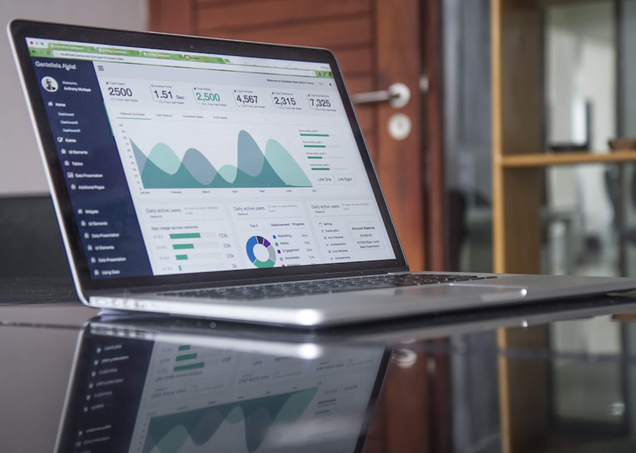 Analyst reviewing business charts and reports on a laptop